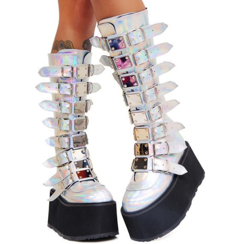 Demonia Boots Silver Hologram Vegan 37